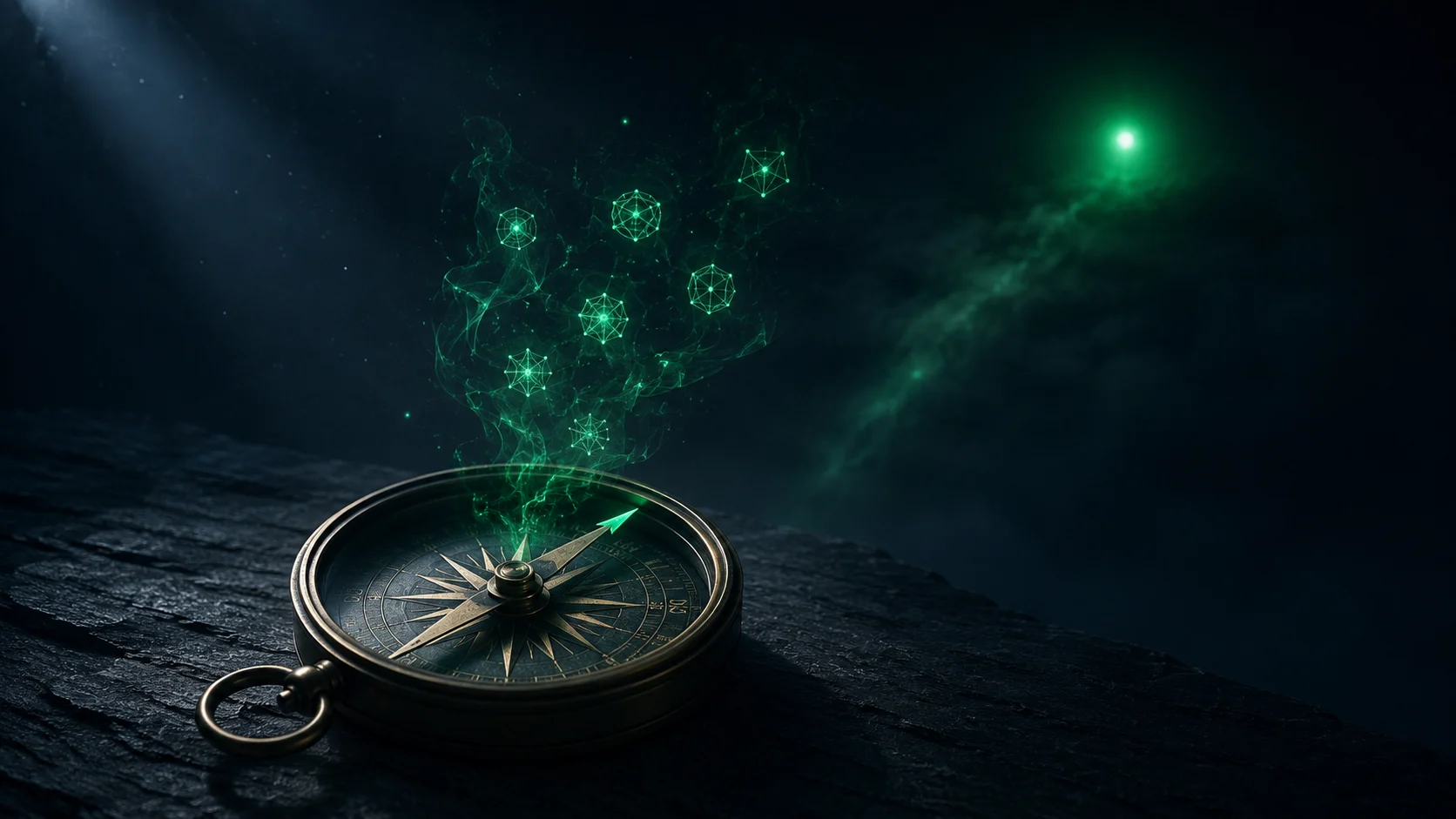 Vintage brass compass on a dark slate surface with green holographic geometric shapes rising from its face, pointing toward a glowing emerald orb representing AI-citation readiness