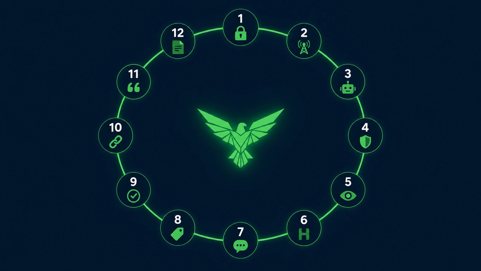 Circular flow infographic on dark navy background — twelve numbered checkpoints arranged in a clock-face pattern around a glowing geometric green eagle silhouette in the center — each checkpoint has a small icon representing one audit step
