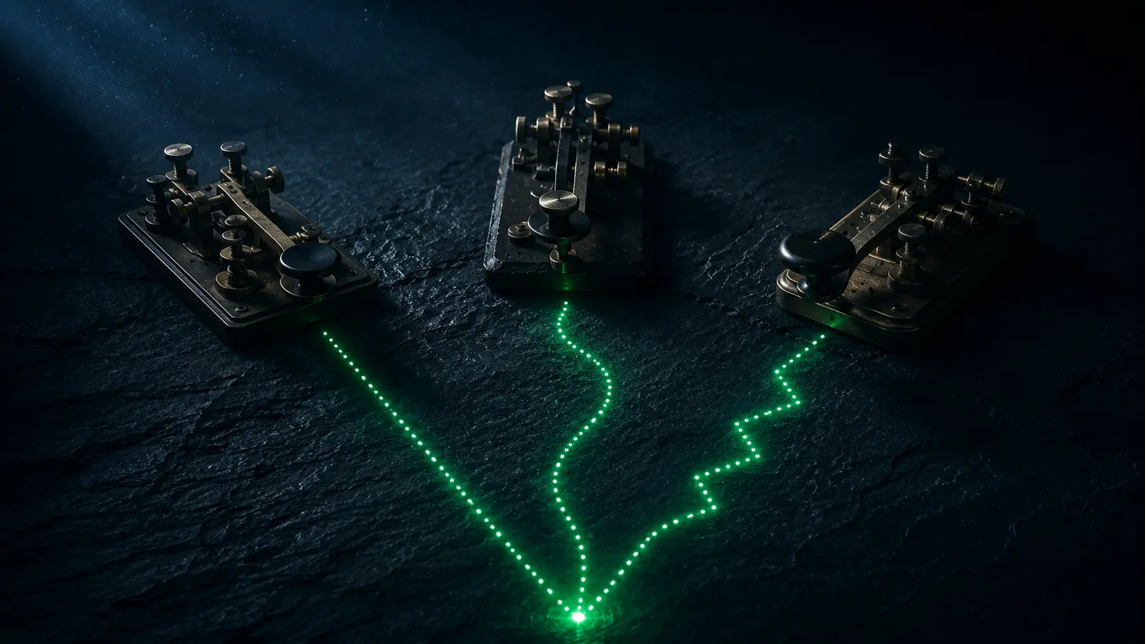 Three vintage telegraph keys arranged on dark slate, each emitting a green light path that converges toward a single point in the foreground — representing how different AI bots discover and route to the same source content