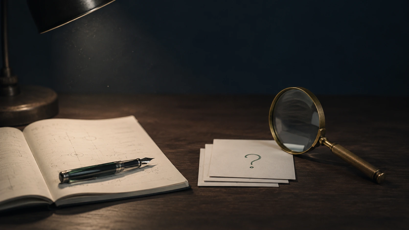 Vintage research desk still-life with a notebook of pencil sketches, three small white note cards each with a hand-drawn green question mark, a brass magnifying glass leaning against the cards, and a fountain pen with green ink resting across the notebook