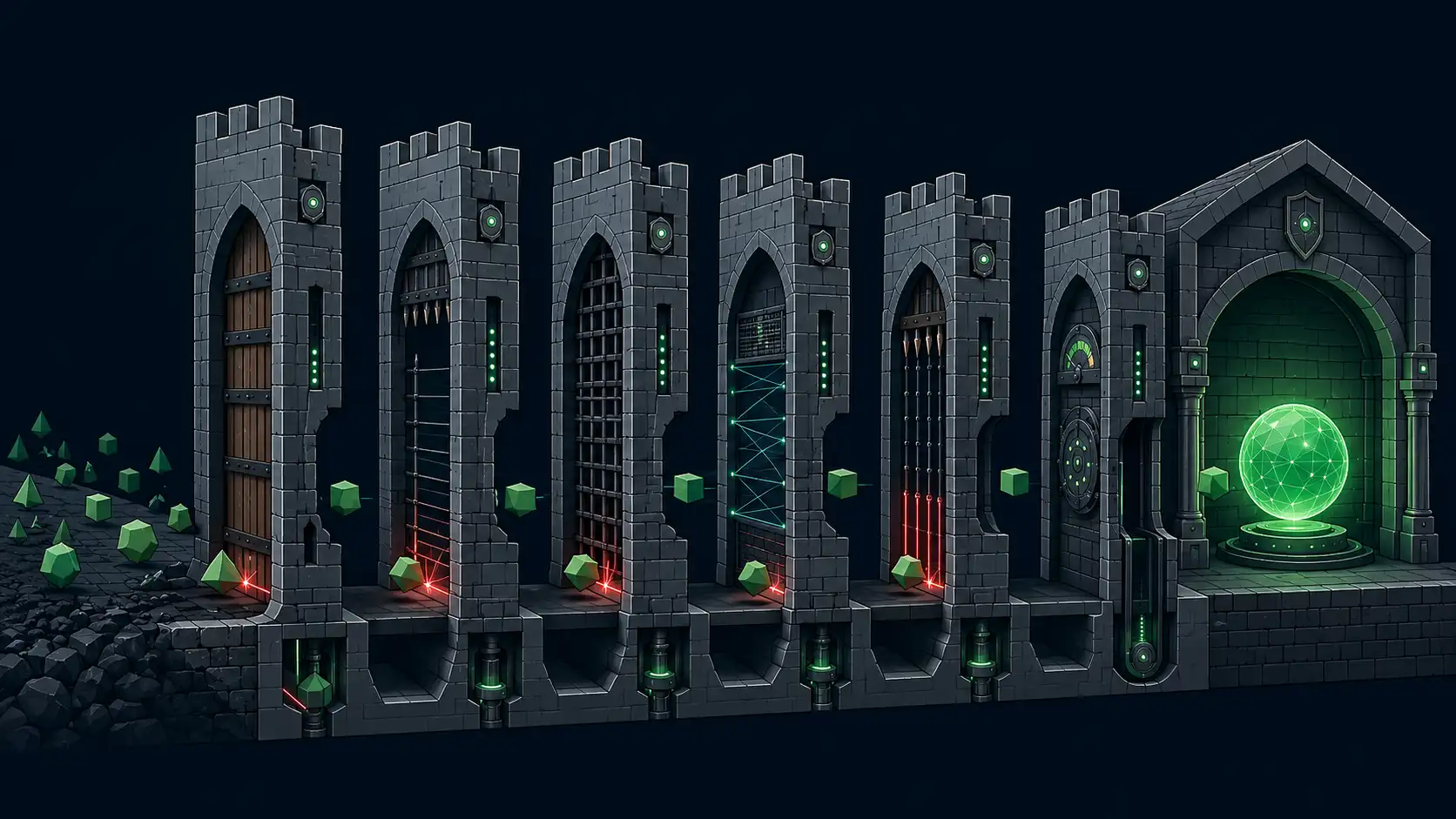 Architectural cross-section illustration of a fortified gate with seven layered defensive walls each representing a control layer — WordPress reading settings, SEO plugin rules, robots.txt, CDN bot fight mode, WAF rules, security plugin limits — leading to a glowing green orb representing the site content