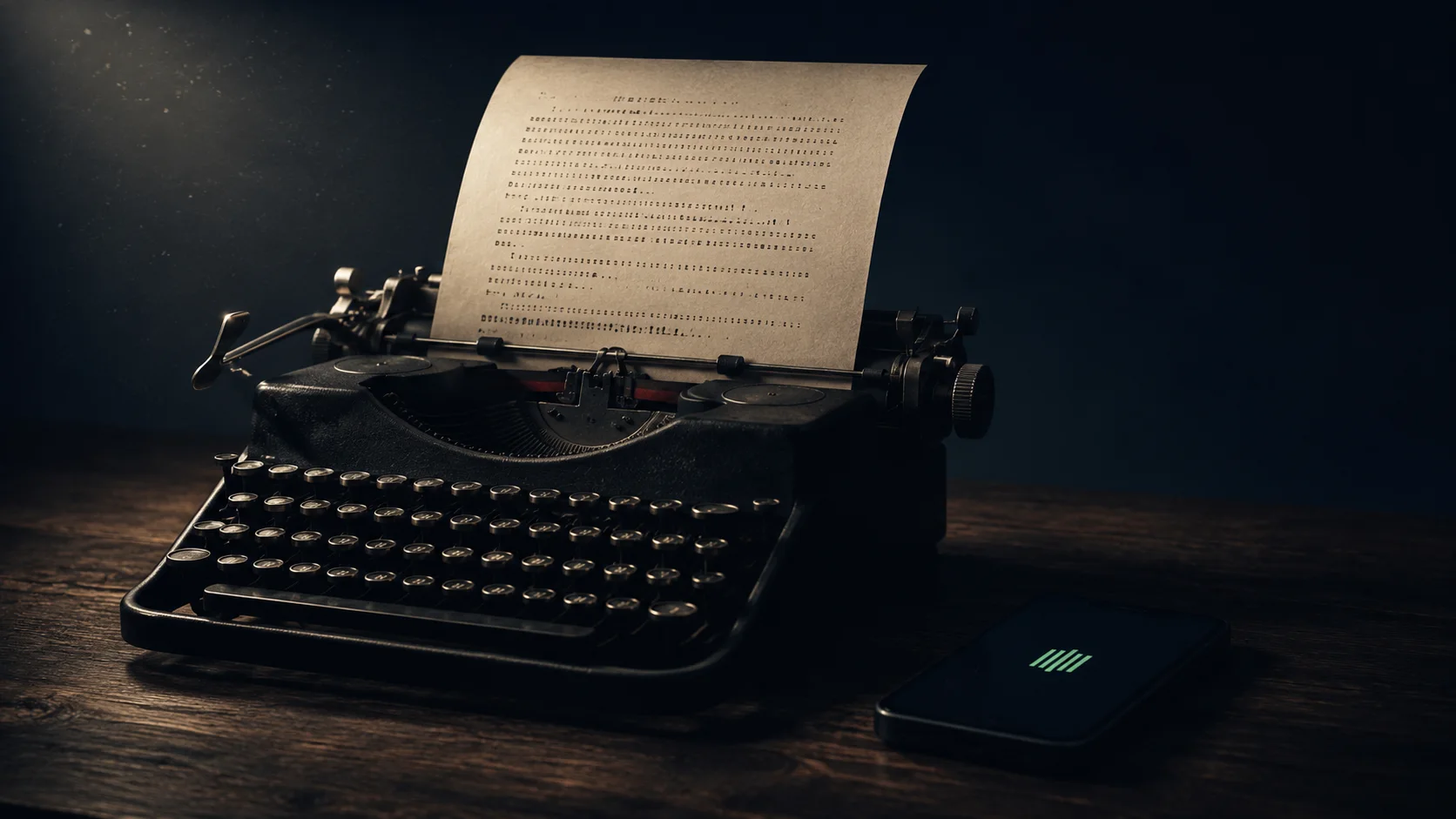 A vintage typewriter on a dark walnut desk with a sheet of cream paper rolled in showing dense unreadable typewriter text — beside it a smartphone displays a single soft green icon, suggesting an AI agent reading the typed brief