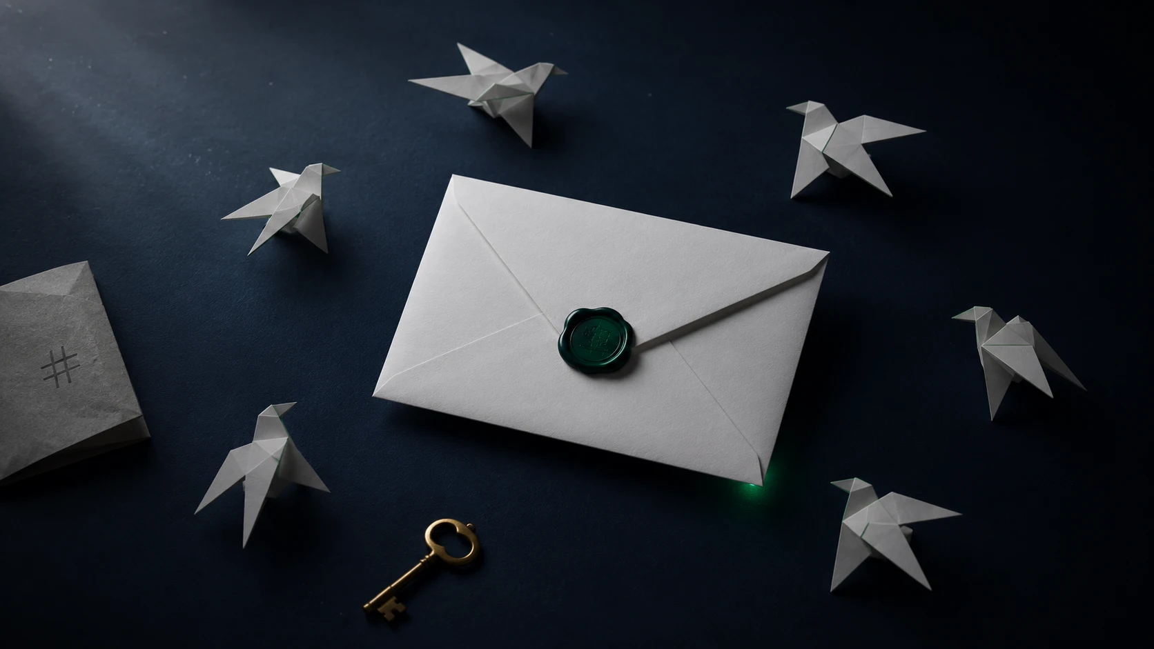 Cinematic flatlay of a printed robots.txt file with highlighted lines for GPTBot, ClaudeBot, PerplexityBot, and Google-Extended on a dark navy desk surrounded by origami paper birds and a brass key