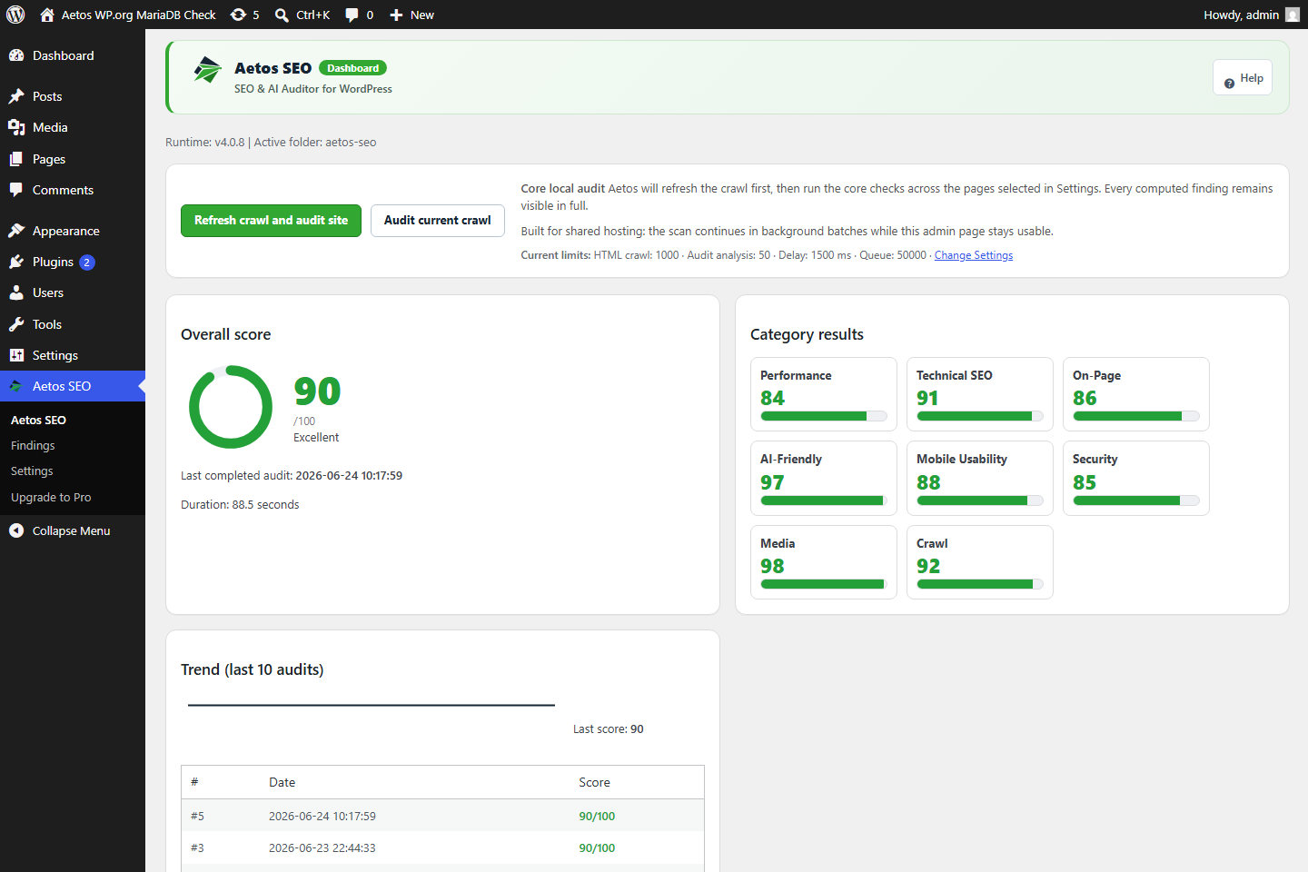 Aetos SEO dashboard in English with audit controls, priority findings, and score widgets
