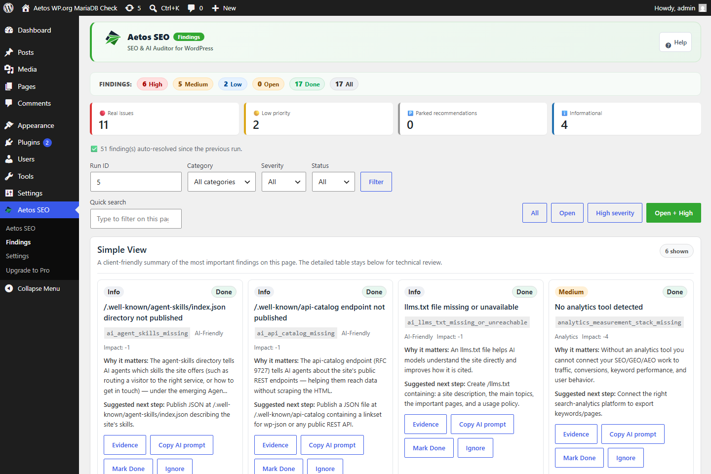 Aetos SEO findings page in English with categorized issues, severity filters, and fix guidance