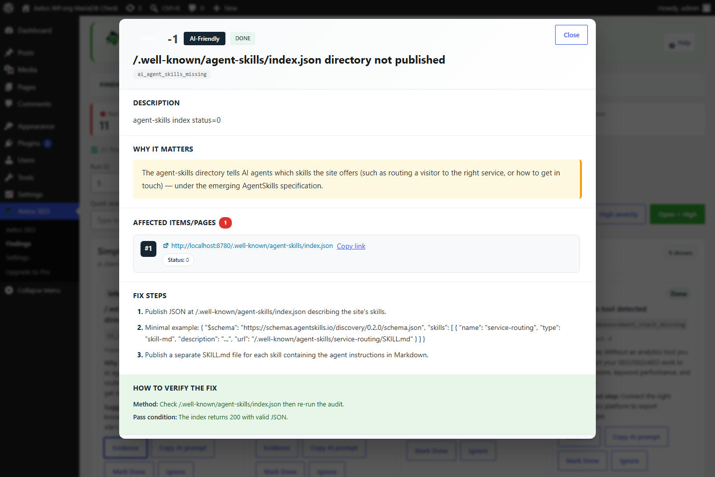 Aetos SEO finding detail in English with evidence, fix steps, and verification guidance