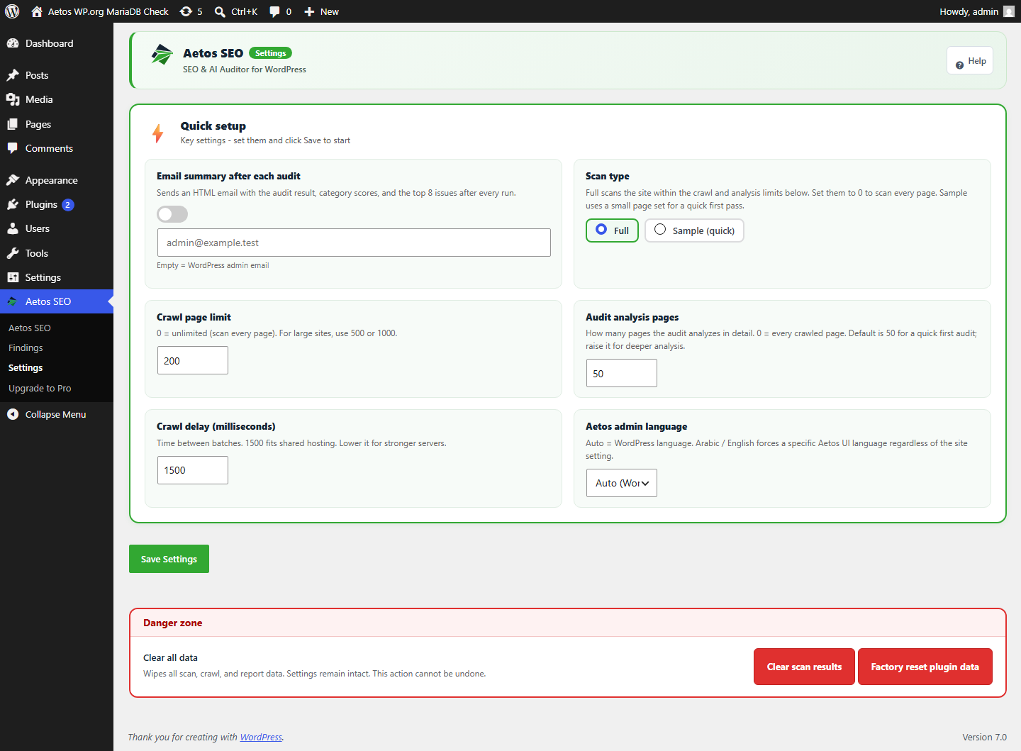 Aetos SEO settings in English with scan depth, scan type, email summary, and language controls