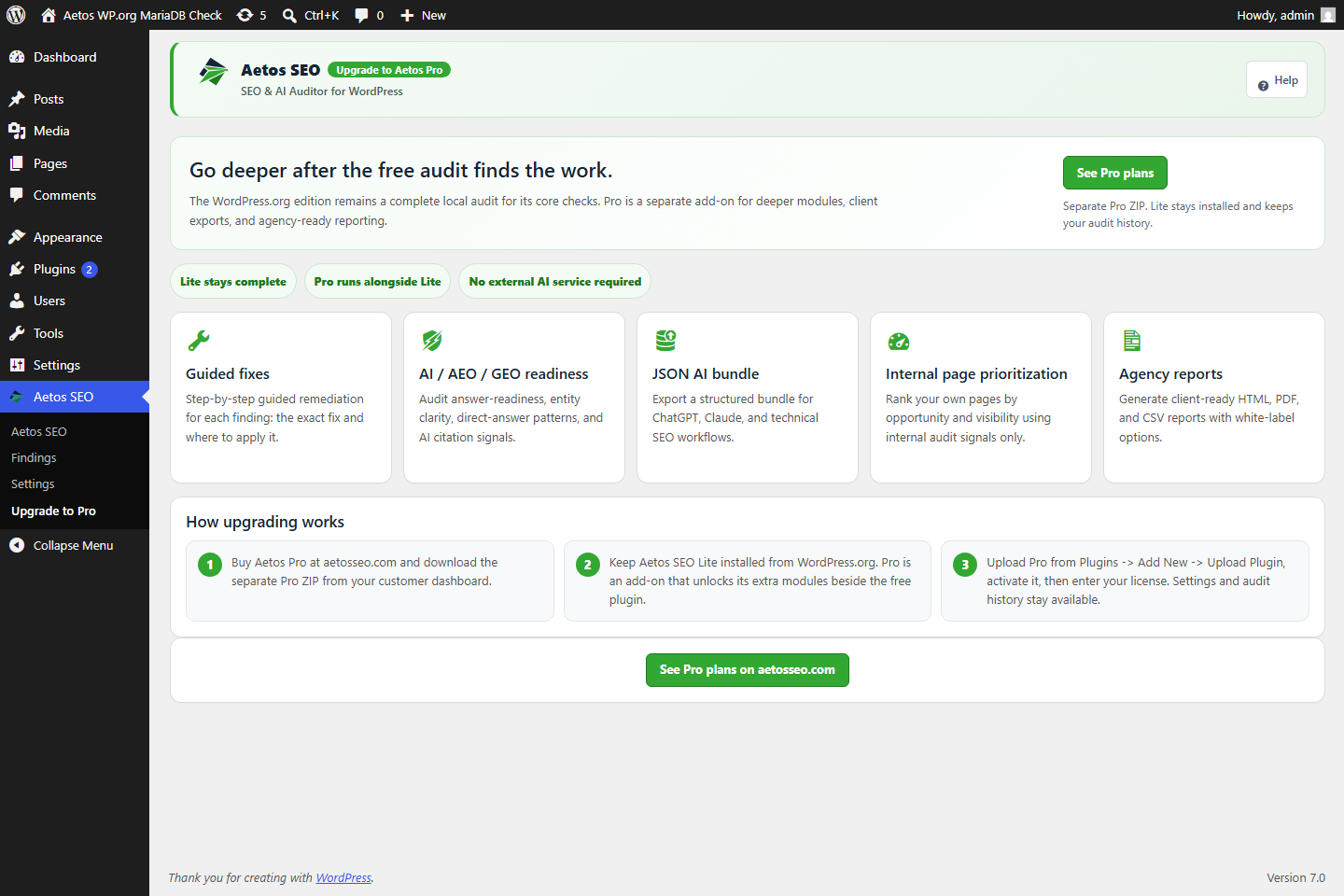 Aetos SEO upgrade page in English explaining the separate Pro add-on