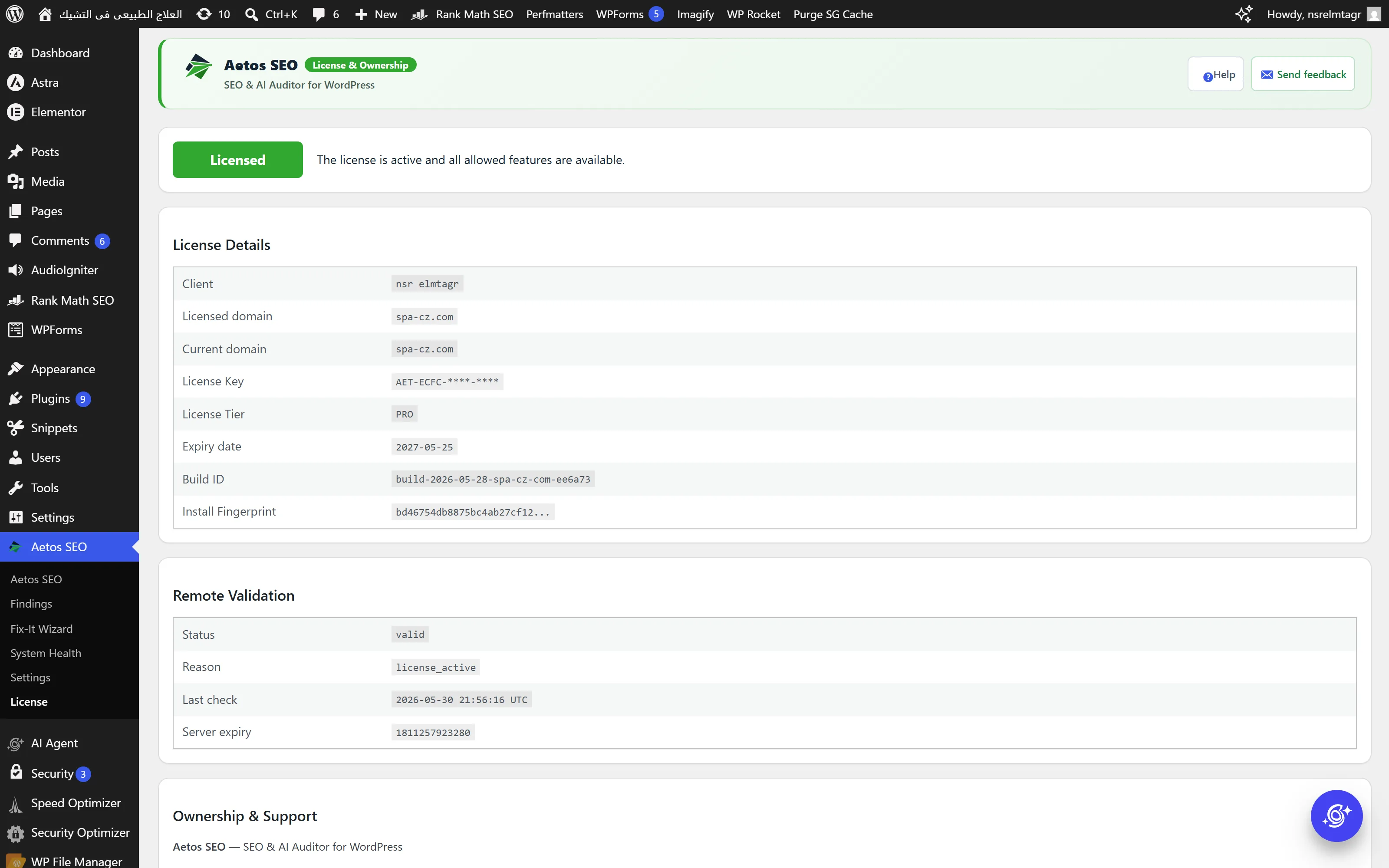 License page — active Pro license bound to one domain